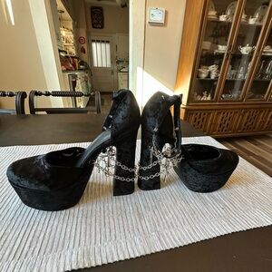 Dolls Kill Black Velvet Platform Heels with Chain Accent - Women Shoes
